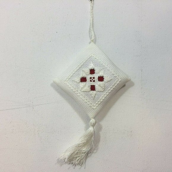 Unbranded Other - Handmande Hardanger Embroidered White Red Tassel Christmas Tree Ornament